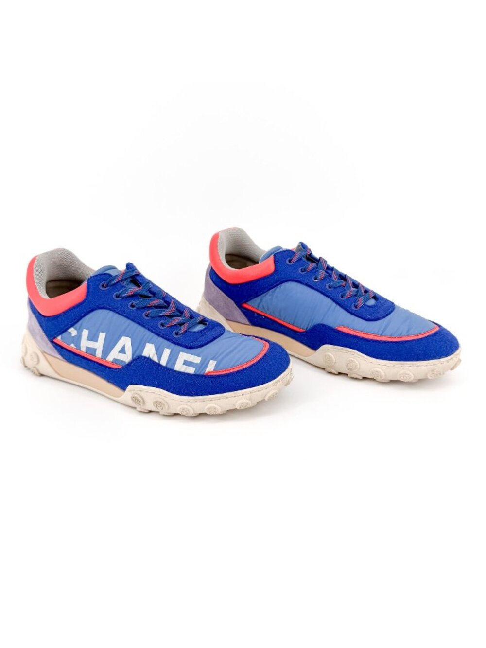Chanel CC Logo Sneakers Blue Nylon Wool Low Top Trainer Size 38.5 US 7.5-8 Women